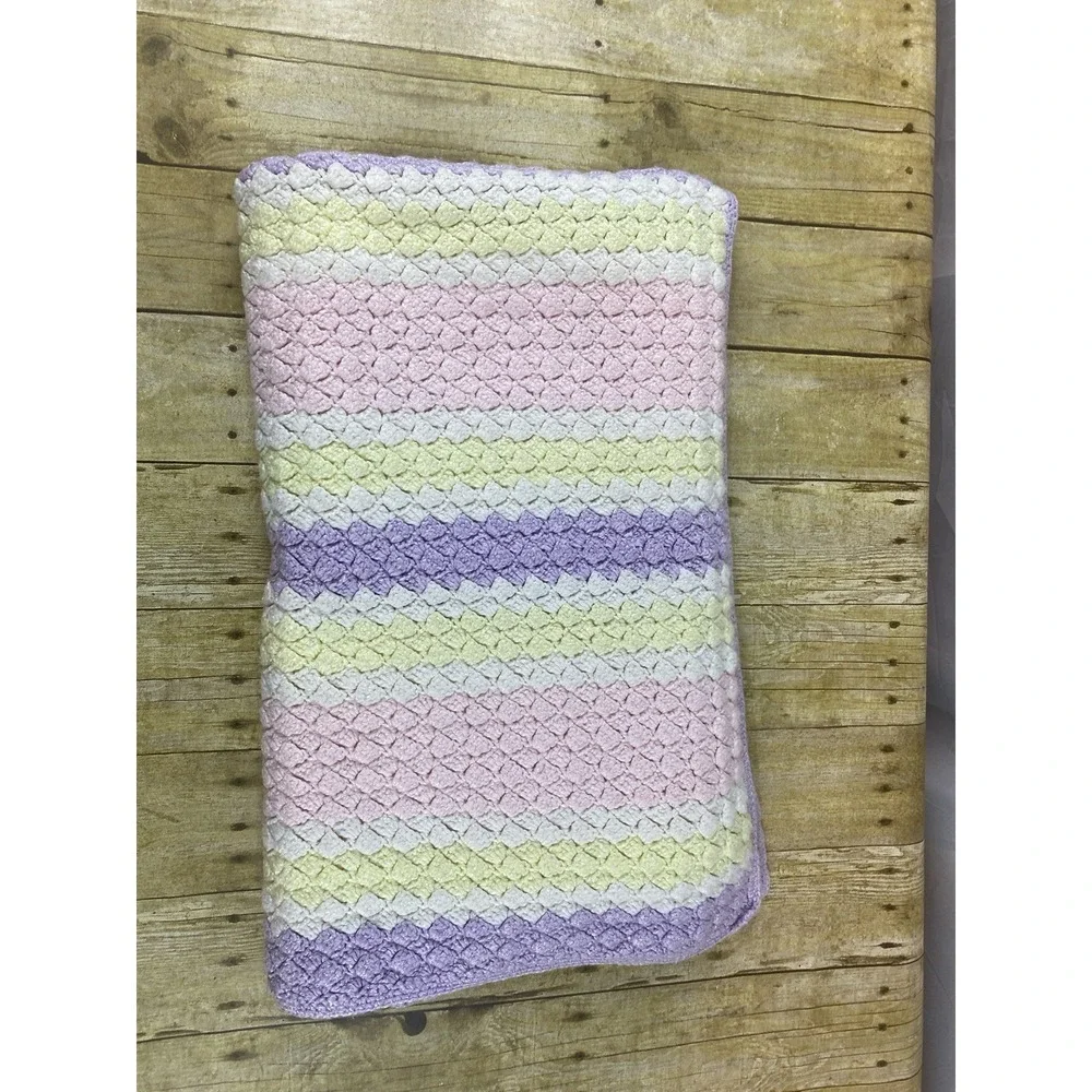 Handmade‎ Knit Pink Purple Yellow Blanket 55